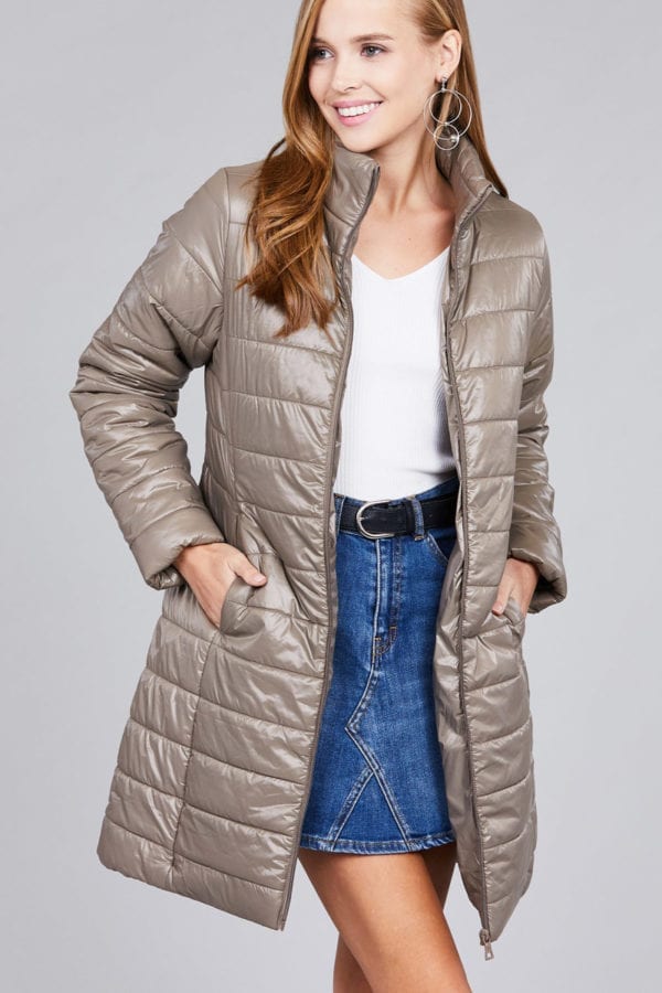 Long Sleeve Quilted Long Padding Jacket (Plus)