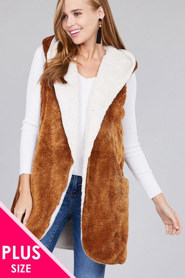 Open Front w/ Hoodie Faux Fur Soft Fluffy Vest (Plus)