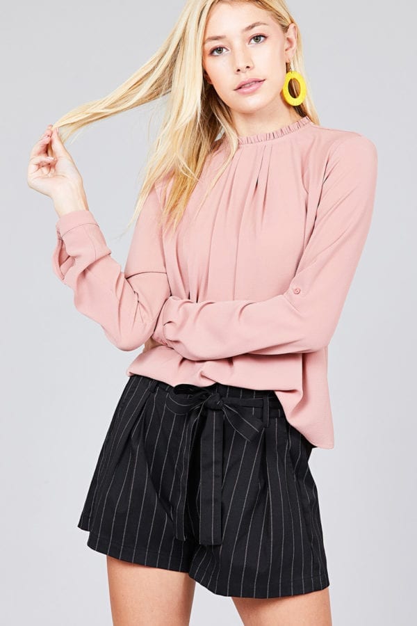 3/4 Roll Up Sleeve Crew Neck w/ Ruffle Woven Top
