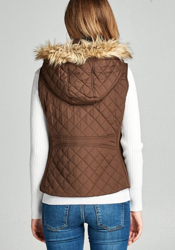 Quilted Padding Vest w/ Fur Trimmed Hood