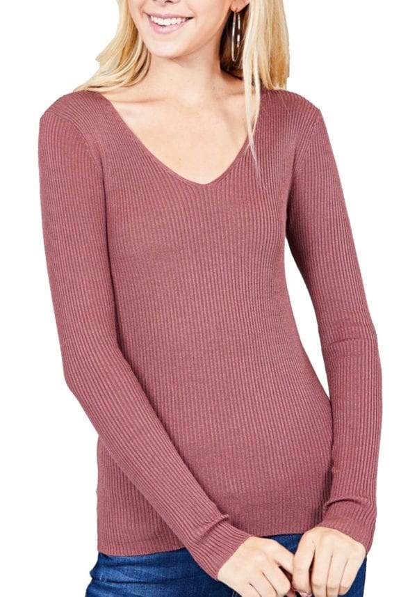 Long Sleeve V-Neck Fitted Rib Sweater Top