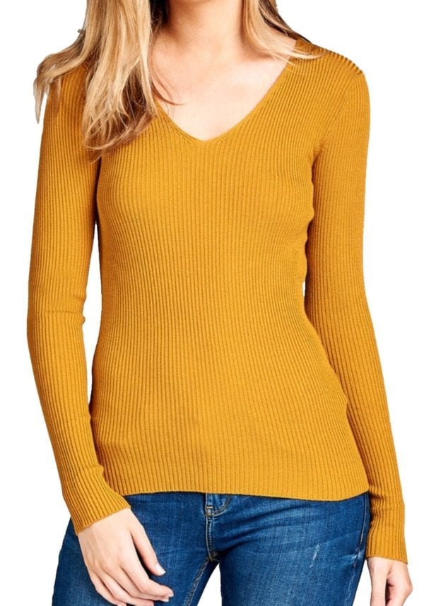 Long Sleeve V-Neck Fitted Rib Sweater Top (Plus)