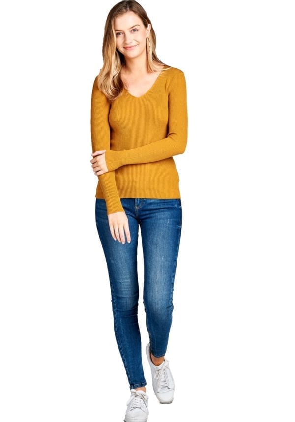 Long Sleeve V-Neck Fitted Rib Sweater Top (Plus)