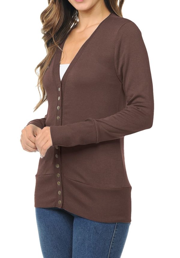 Long Sleeve Snap Button Sweater Cardigan w/ Ribbed Detail (Plus)