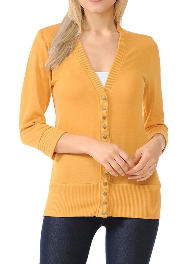3/4 Sleeve Snap Button Sweater Cardigan w/ Ribbed Detail
