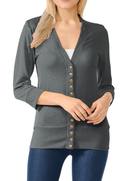 3/4 Sleeve Snap Button Sweater Cardigan w/ Ribbed Detail (Plus)