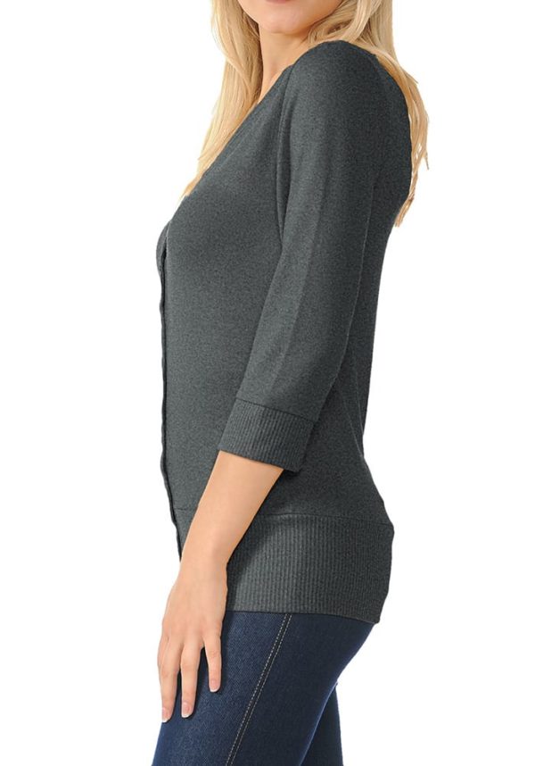 3/4 Sleeve Snap Button Sweater Cardigan w/ Ribbed Detail (Plus)
