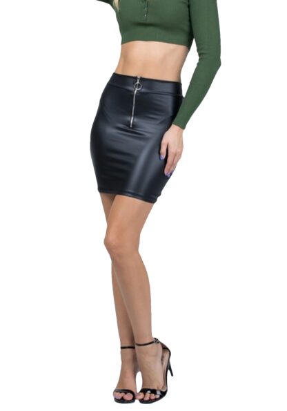 Faux Leather Black Mini Skirt w/ O-Ring Zipper
