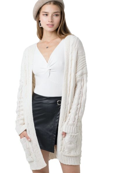 Chunky Cable Knit Ribbed Open Front Long Sleeve Cardigan