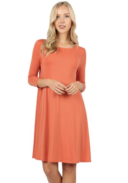 Premium Fabric 3/4 Sleeve Flare Dress w/ Pockets (Plus)