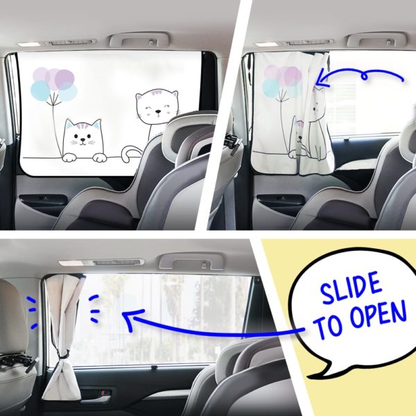 Car Side Window Sun Shade - Universal Reversible Magnetic Curtain for Baby and Kids with Sun Protection Block Damage from Direct Bright Sunlight, and Heat - 1 Piece of Cat
