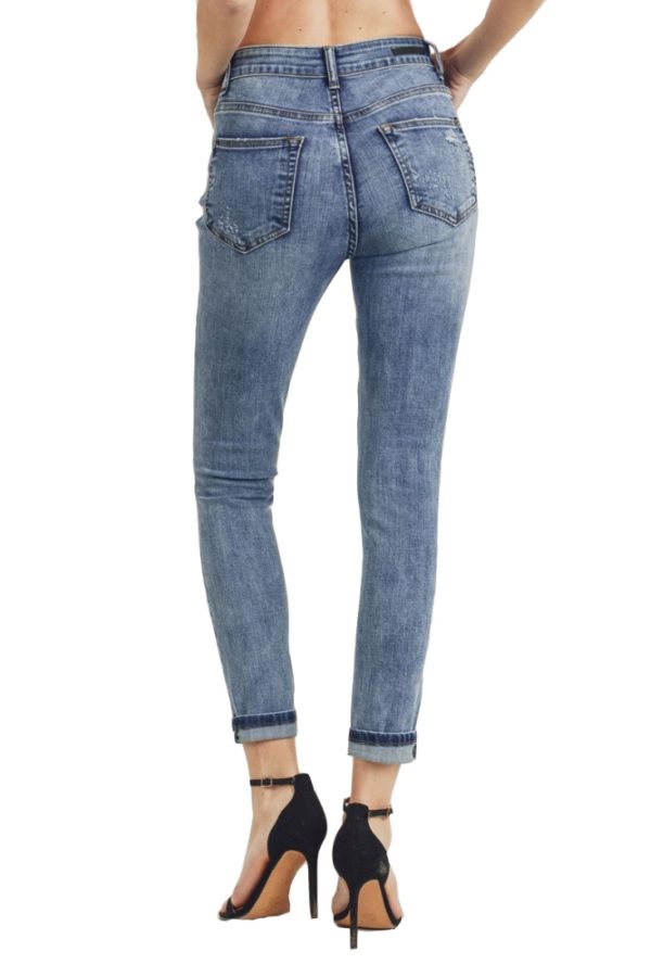 Women's Denim High Waist Knee Busted Skinny Jeans with Roll Up Cuff Light Blue Jeans
