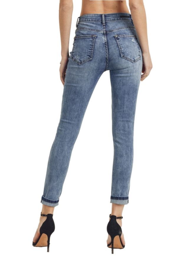 Women's Denim High Waist Knee Busted Skinny Jeans with Roll Up Cuff Light Blue Jeans