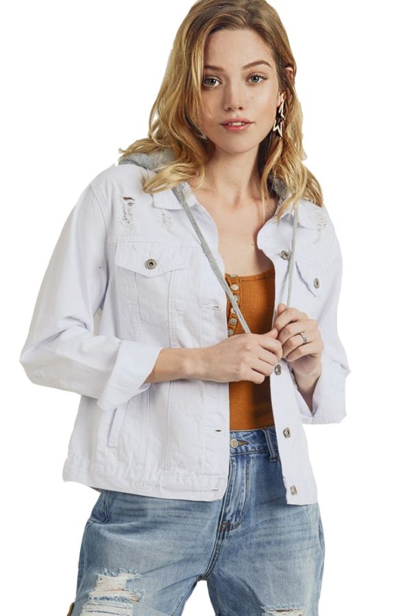 Women's White Denim Jacket Relaxed Fit with Detachable Hoodie