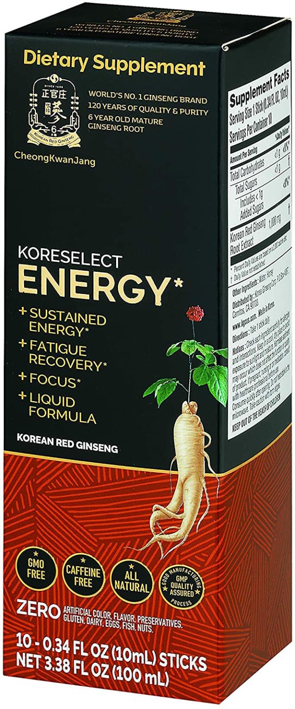 KoreSelect Extra Strength Energy Sticks. Max Potency Korean Red Panax Ginseng(1000mg) Amplifies Concentration, Memory, Productivity, and Speeds Up Fatigue Recovery - 10 Liquid Packets