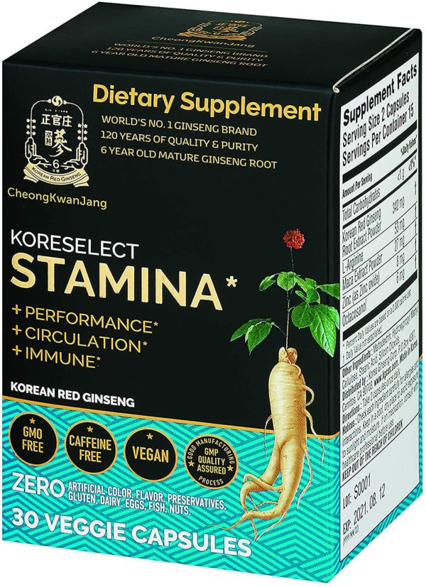 KoreSelect Natural Stamina Booster Pills for Men. Korean Red Panax Ginseng, Maca, and Zinc Supplements for Performance Enhancement, Longer Endurance, and Faster Fatigue Recovery - 30 Powder Capsules