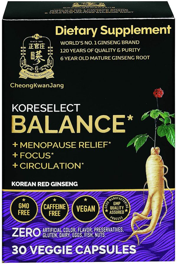 KoreSelect Balance Menopause Relief for Women. Natural Korean Red Panax Ginseng Supplements with Peony and Bamboo Blend Helps Manage Mood Swings, Anxiety, Memory, and Hot Flashes - 30 Vegan Capsules