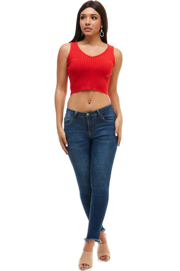 Women's Casual Solid Premium Knit Ribbed Sexy V Neck Sleeveless Crop Tank Top