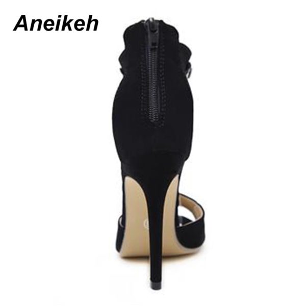 Aneikeh Black Crystal Women Embellished Suede Leather High Heel Sandals Sexy Peep Toe Ankle Strap Rhinestones Gladiator Shoes