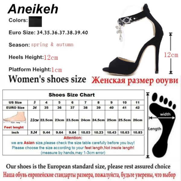 Aneikeh Black Crystal Women Embellished Suede Leather High Heel Sandals Sexy Peep Toe Ankle Strap Rhinestones Gladiator Shoes