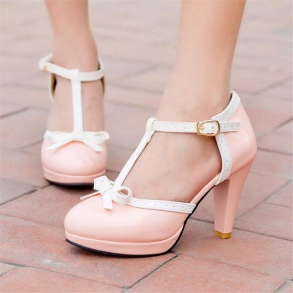 Big Size 33-43 Women Pumps Sweet Bowtie Shoes Vintage Chunky Female High Heels Party Wedding Prom Footwear Girls Shoes