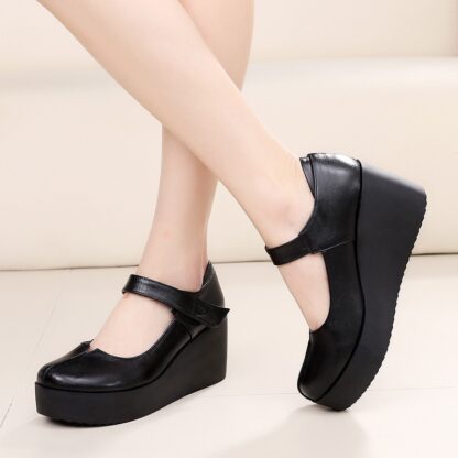 GKTINOO 2020 Spring Leather Women Pumps Platform Wedges Round Toes Ankle Strap Black High Heels Women Shoes