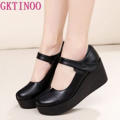 GKTINOO 2020 Spring Leather Women Pumps Platform Wedges Round Toes Ankle Strap Black High Heels Women Shoes