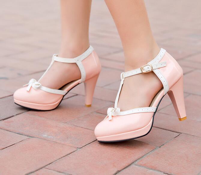 Big Size 33-43 Women Pumps Sweet Bowtie Shoes Vintage Chunky Female High Heels Party Wedding Prom Footwear Girls Shoes