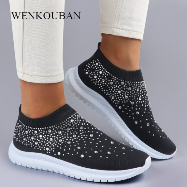 Women Flats Sneakers Crystal Fashion Bling Sneakers Casual Slip On Sock Trainers Summer Women Vulcanize Shoe Zapatillas Mujer