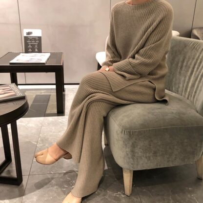 2021 New Fashion Winter Women's Thicken Warm Knitted Pullover Sweater Two-Piece Suits High Waist Loose Wide Leg Pants Set