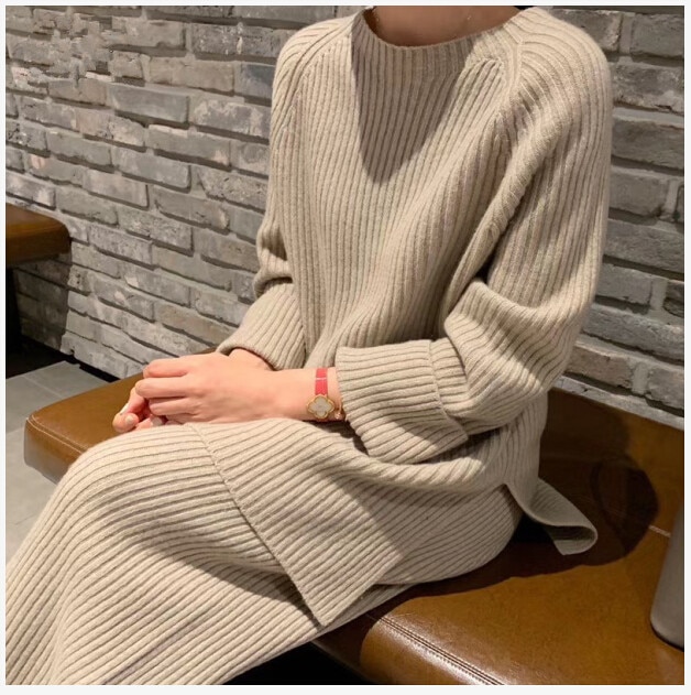 2021 New Fashion Winter Women's Thicken Warm Knitted Pullover Sweater Two-Piece Suits High Waist Loose Wide Leg Pants Set