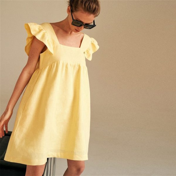 Muiches Casual Square Collar Butterfly Sleeve Mini Sweet Dress Woman Backless High Waist Loose Linen Solid Dress 2021 Summer