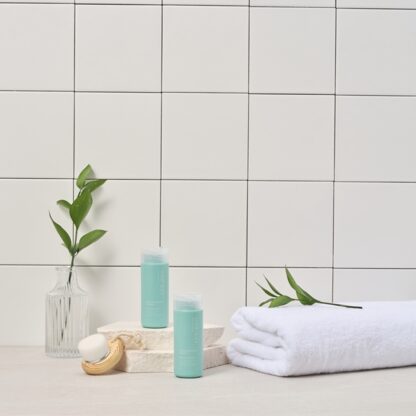 a cleanser bottle is on rocks on which the brush is leaning and the other cleanser bottle is on the floor between a leaf in a glass and a leaf on a towel