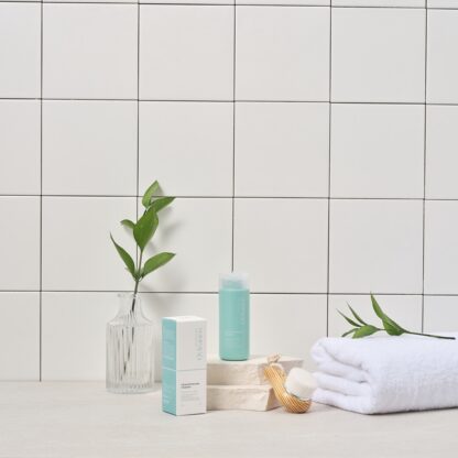 a cleanser bottle is on rocks on which the brush is leaning and a cleanser box is on the floor between a leaf in a glass and a leaf on a towel